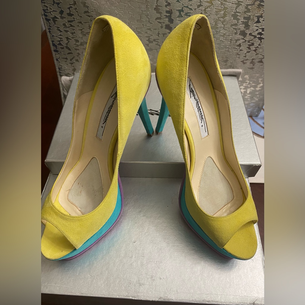 Vibrant Yellow And Blue Peep Toe Heels